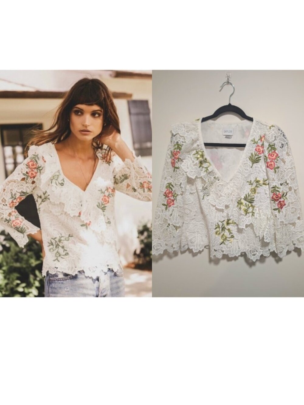 Saylor | Marley Embroidered Lace Ruffle Blouse In White